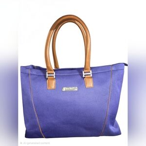 Nine West Laptop Tote Bag Purple Canvas With Cognac Colored Handles EUC